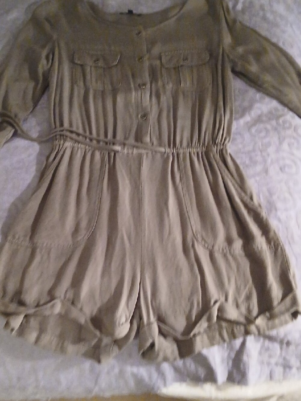 IRIS Forest Service Green Button-Front Romper With Button Up Sleeves